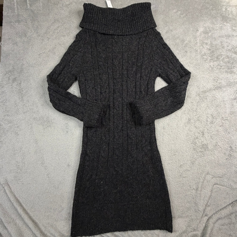 Carducci Women Charcoal Grey Cable Knit Wool Blend Turtleneck Sweater Dress Larg